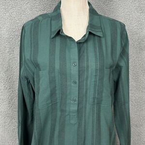 Dear John Striped Green Popover Top Sz XL Collared, Roll Tab Sleeve
